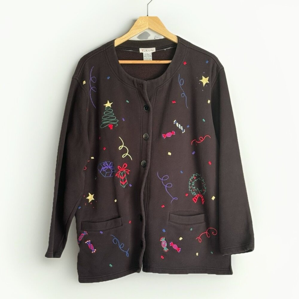 VTG Talbots Black Embroidered Holiday Button Cardigan Large Festive Christmas